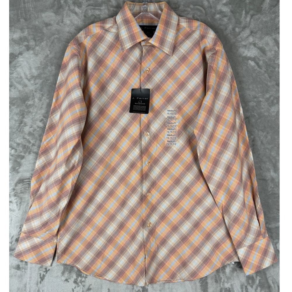 J Ferrar Mens Medium M Plaid Button Down Long Sleeve‎ Shirt Orange Brown Blue